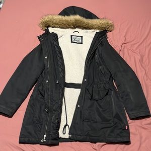 Levi’s• child size XL • black coat • fur hood • adjustable waist cinch.